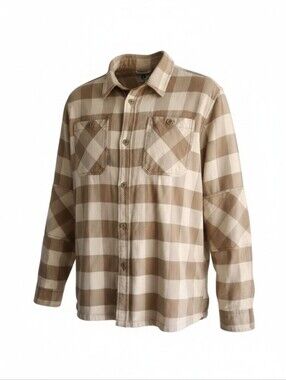 Bearded Goat Ozark Utility Flannel Shirt Tan Buffalo Plaid Long Sleeve Sz Large